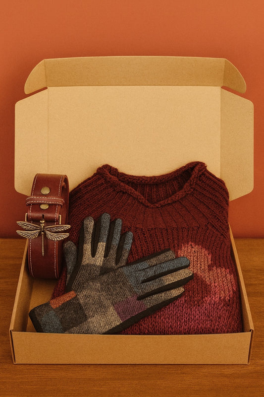CAJA DE REGALO CON JERSEY, CINTURON DE CUERO, Y GUANTES.