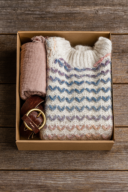 CAJA DE REGALO CON JERSEY, FULAR Y CINTURON.