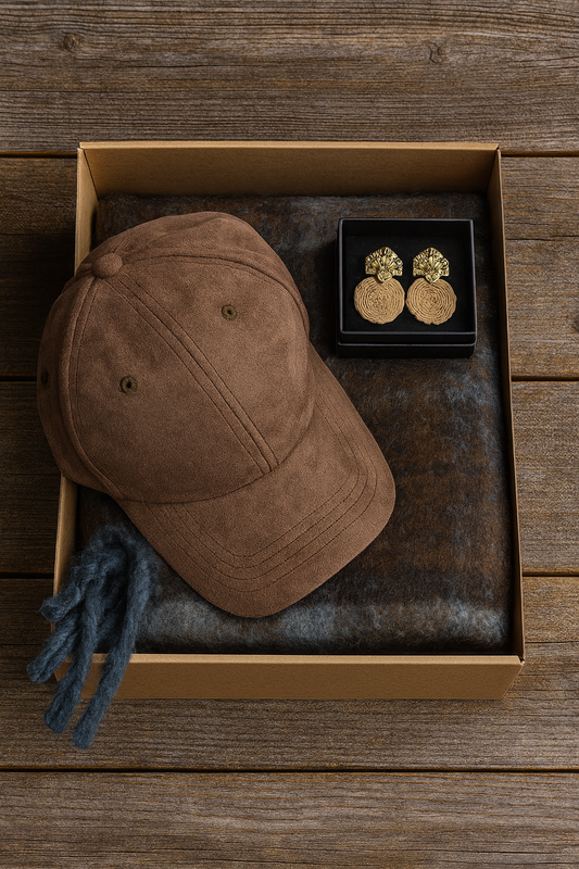 CAJA DE REGALO CON GORRA, BUFANDA, PENDIENTES.